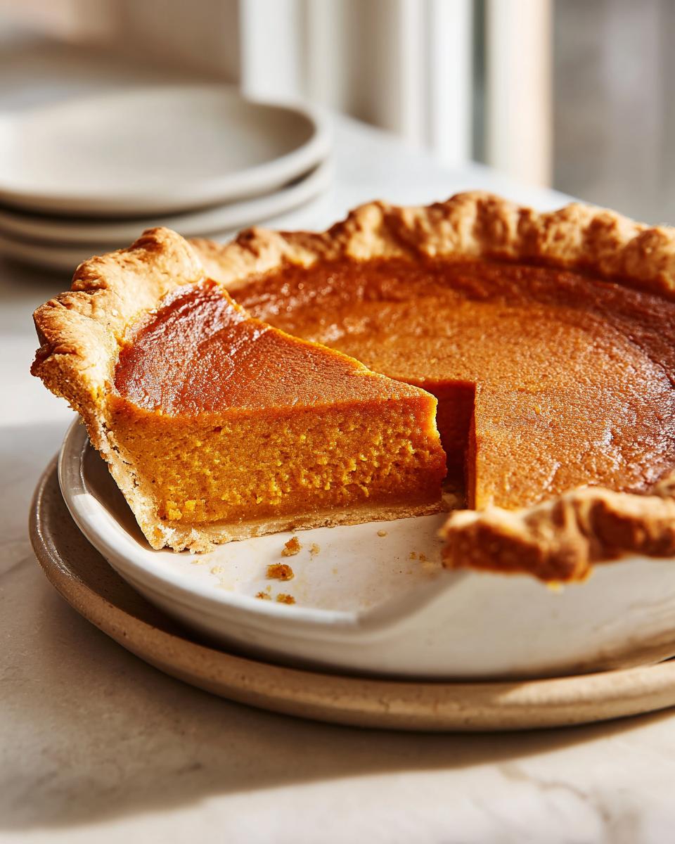 A slice of delicious make-ahead Thanksgiving pumpkin pie, showcasing its rich orange filling and flaky crust.
