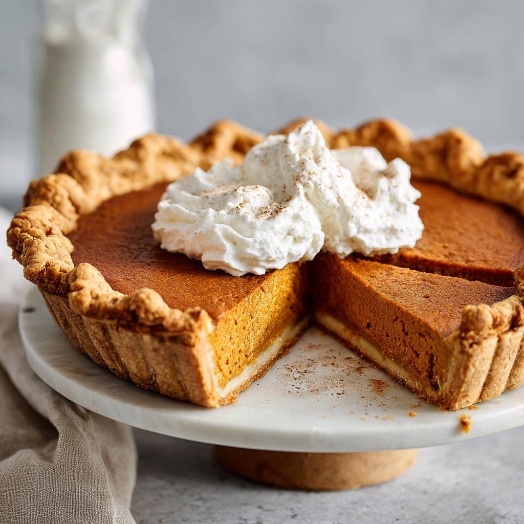 A slice of make-ahead Thanksgiving pumpkin pie topped with whipped cream and a dusting of cinnamon, on a marble cake stand.