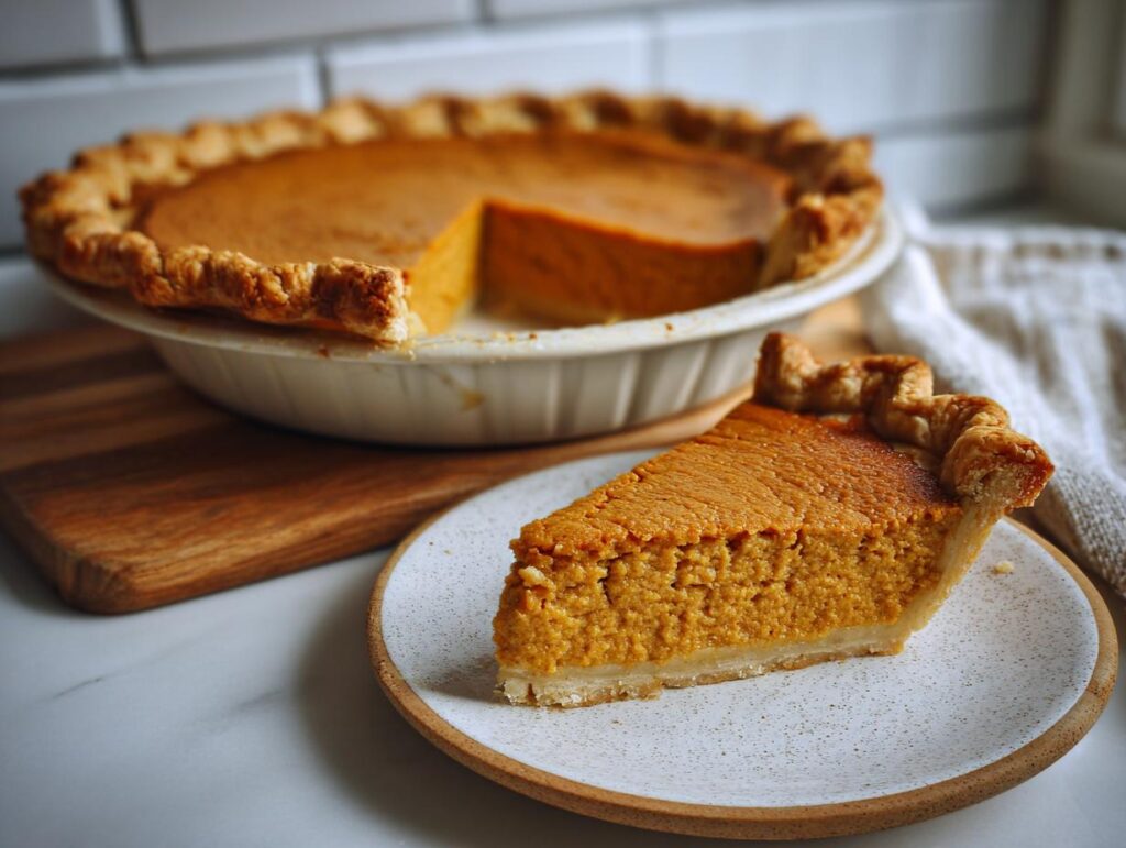 A slice of make-ahead Thanksgiving pumpkin pie on a plate, with the rest of the pie in the background.