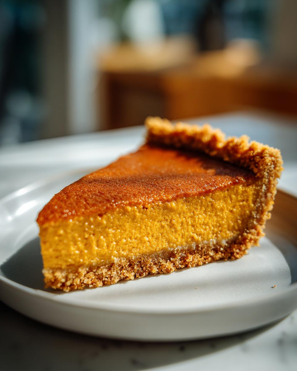 A slice of make-ahead Thanksgiving pumpkin pie bar with a graham cracker crust, ready to serve.