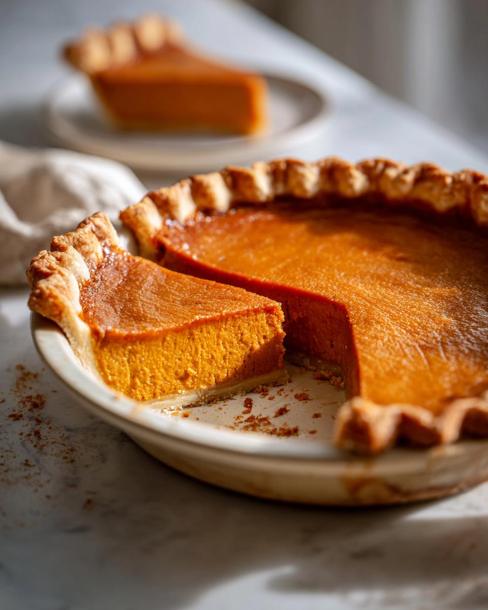 A slice of delicious make-ahead Thanksgiving pumpkin pie, showcasing its smooth texture and golden crust.