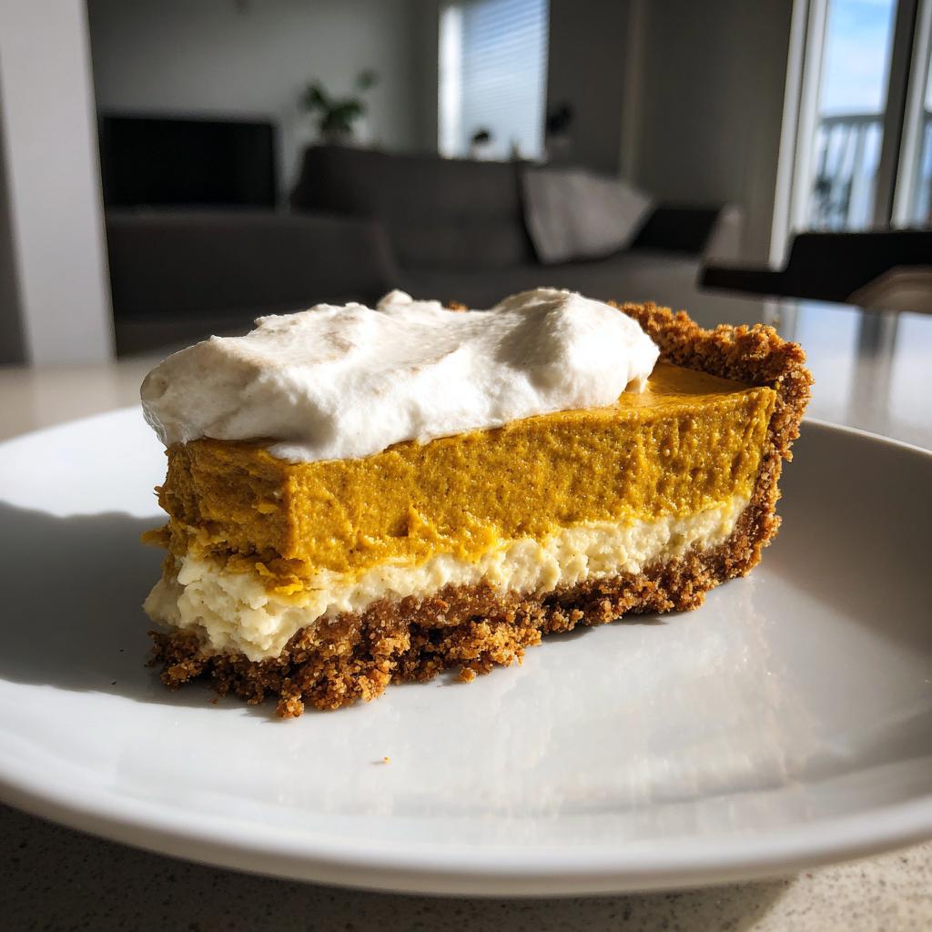 A delicious slice of make-ahead Thanksgiving pumpkin pie with a creamy topping on a white plate.