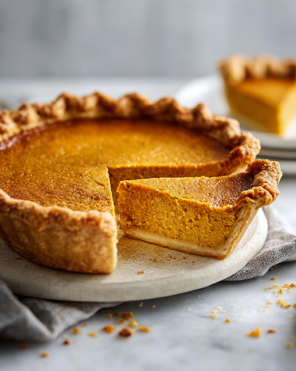 A slice of make-ahead Thanksgiving pumpkin pie with a golden crust and smooth filling.