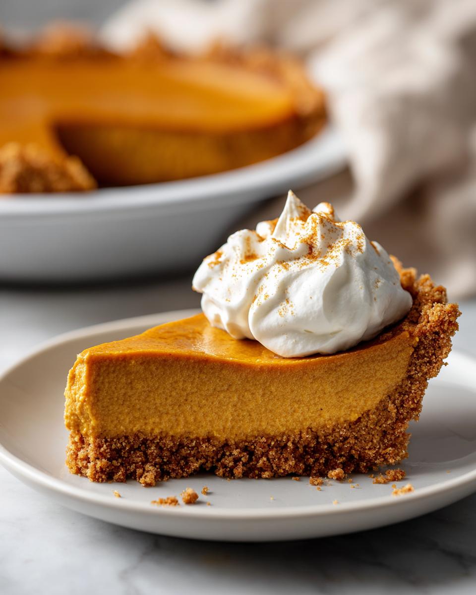 A slice of creamy pumpkin pie topped with whipped cream and a sprinkle of cinnamon, perfect for easy make-ahead Thanksgiving desserts.