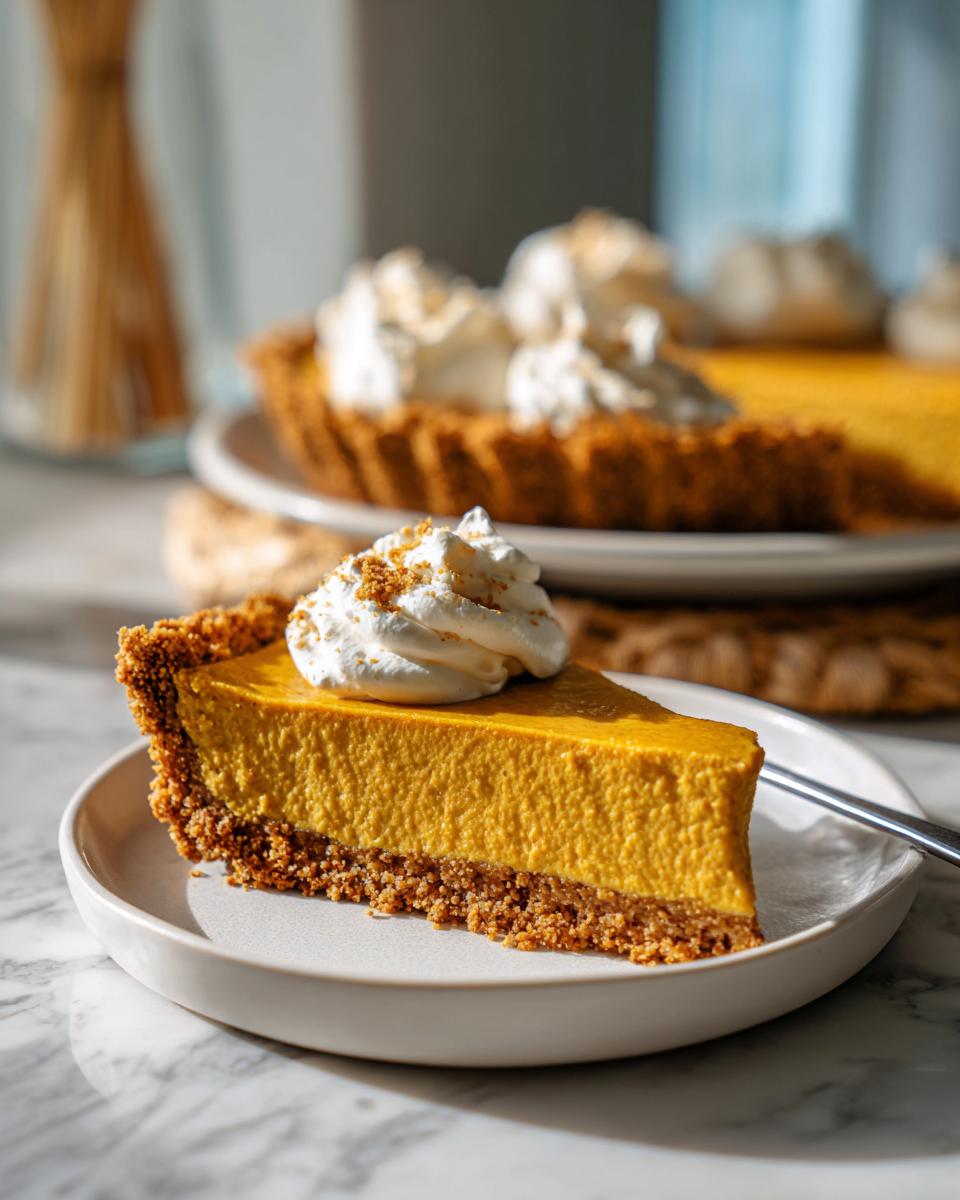 A slice of make-ahead Thanksgiving pumpkin pie with a graham cracker crust, topped with whipped cream and cookie crumbs.