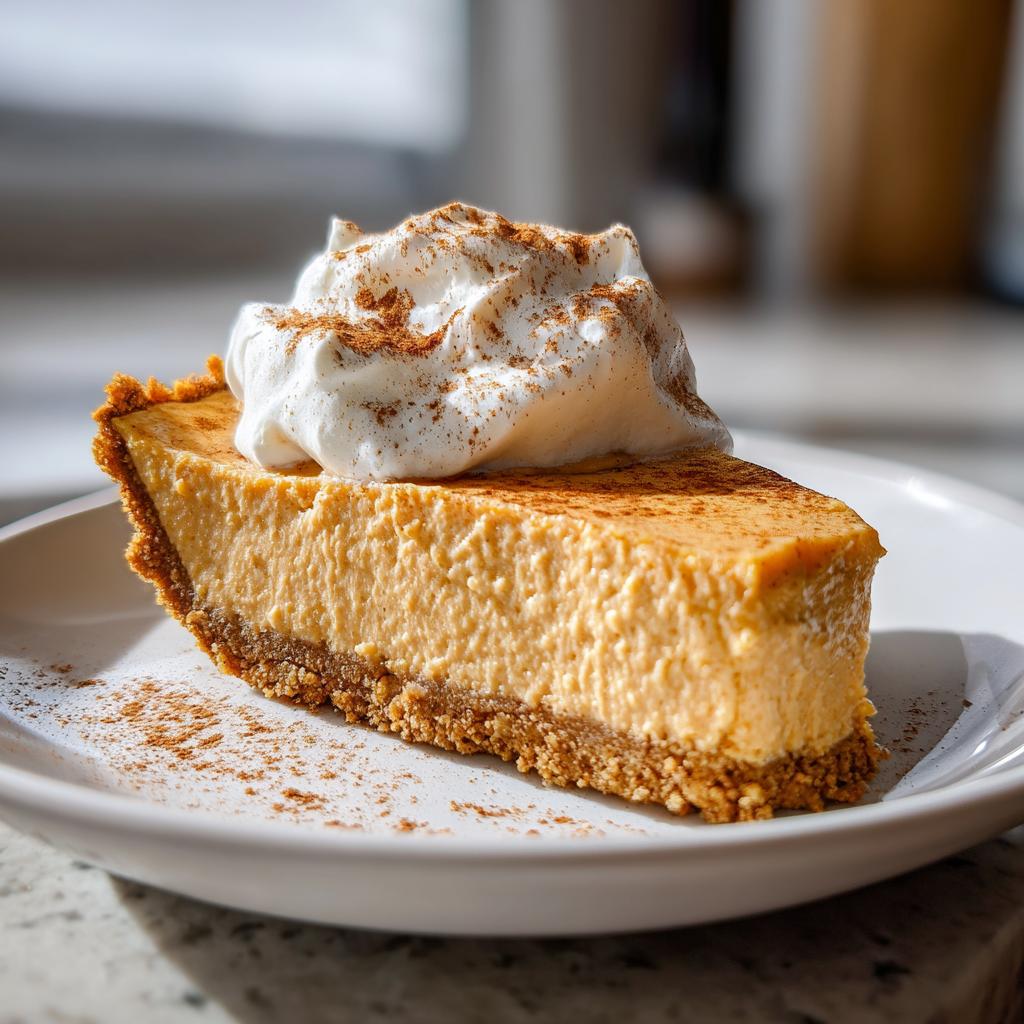 A slice of creamy pumpkin pie topped with whipped cream and cinnamon, perfect for make-ahead Thanksgiving desserts.
