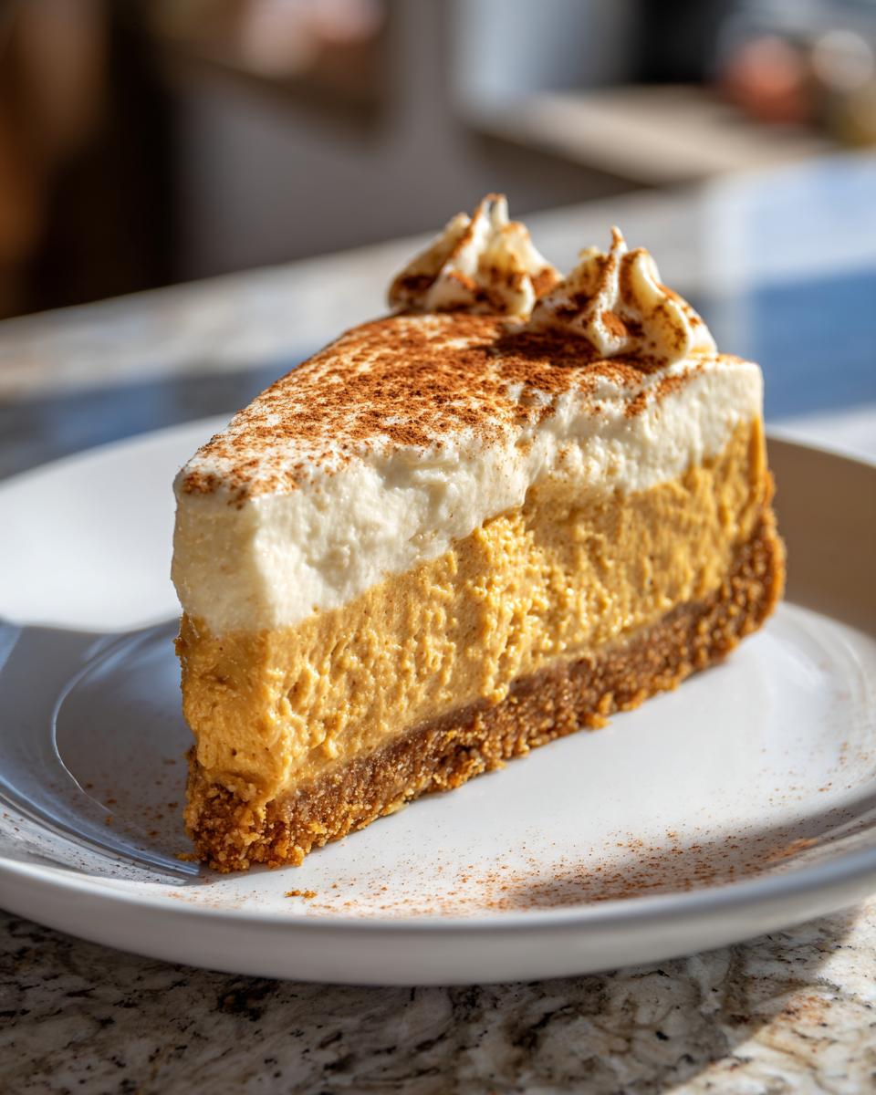 A slice of make-ahead pumpkin pie with whipped cream and cinnamon on a white plate.