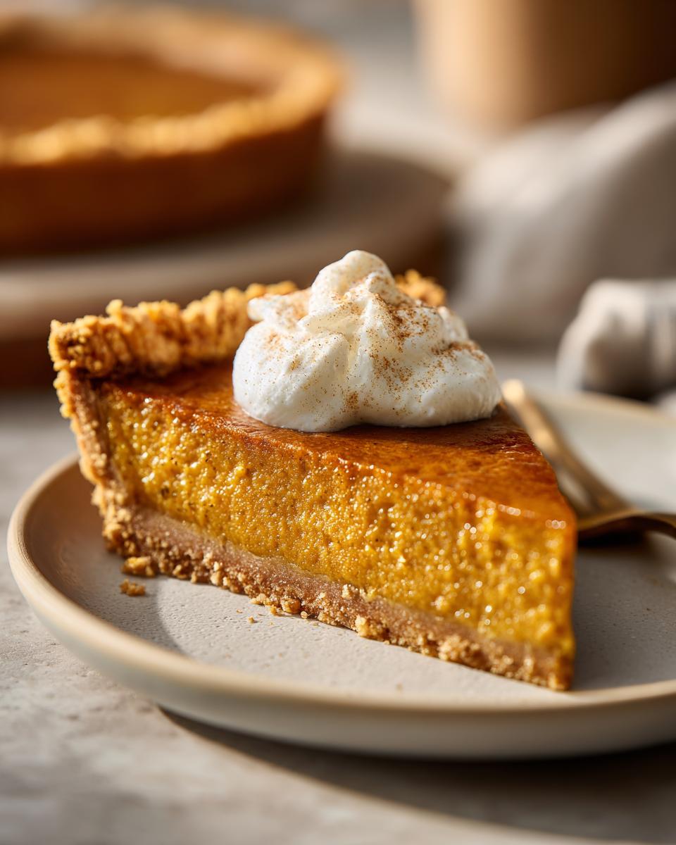 A slice of make-ahead Thanksgiving pumpkin pie topped with whipped cream and cinnamon.