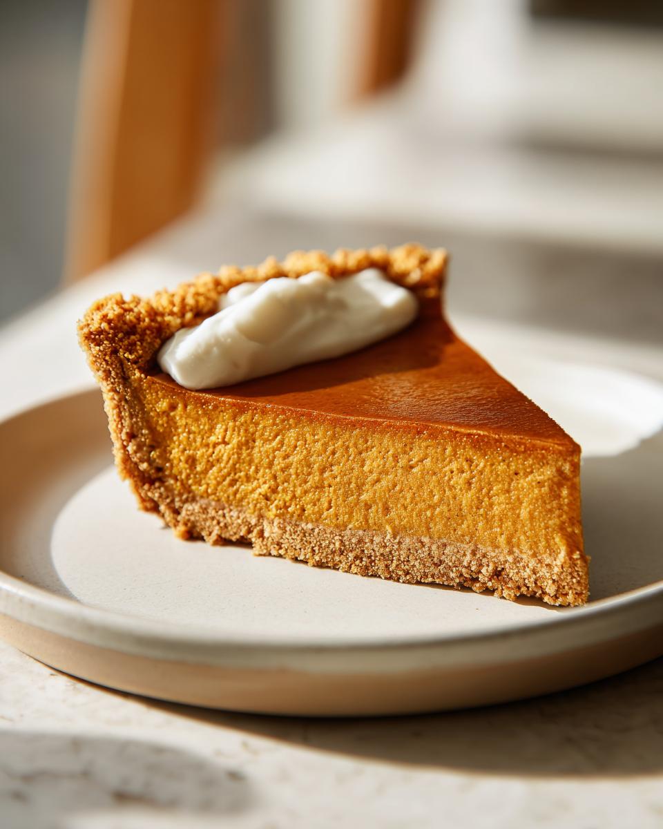 A slice of make-ahead Thanksgiving pumpkin pie with a dollop of whipped cream on a plate.