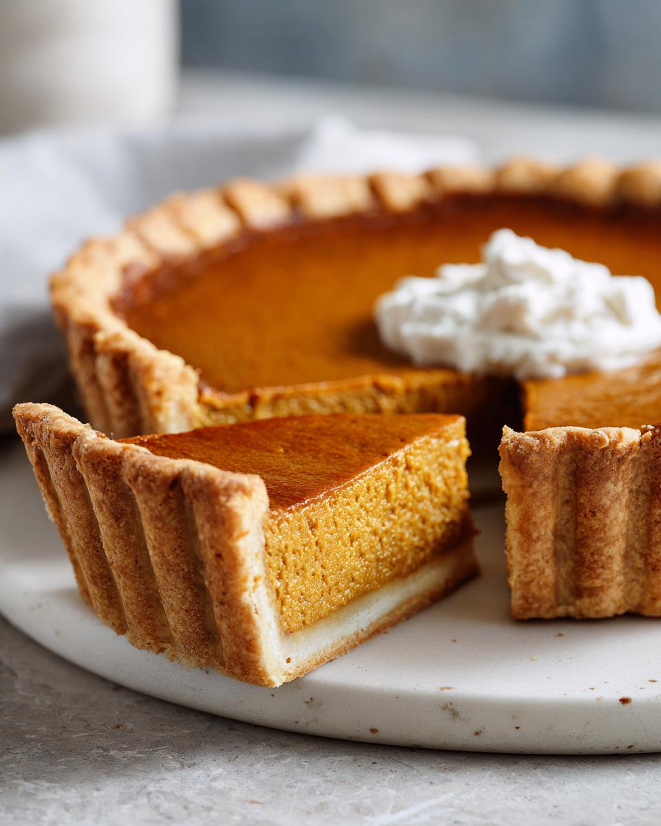 A slice of make-ahead Thanksgiving pumpkin pie with a dollop of whipped cream.