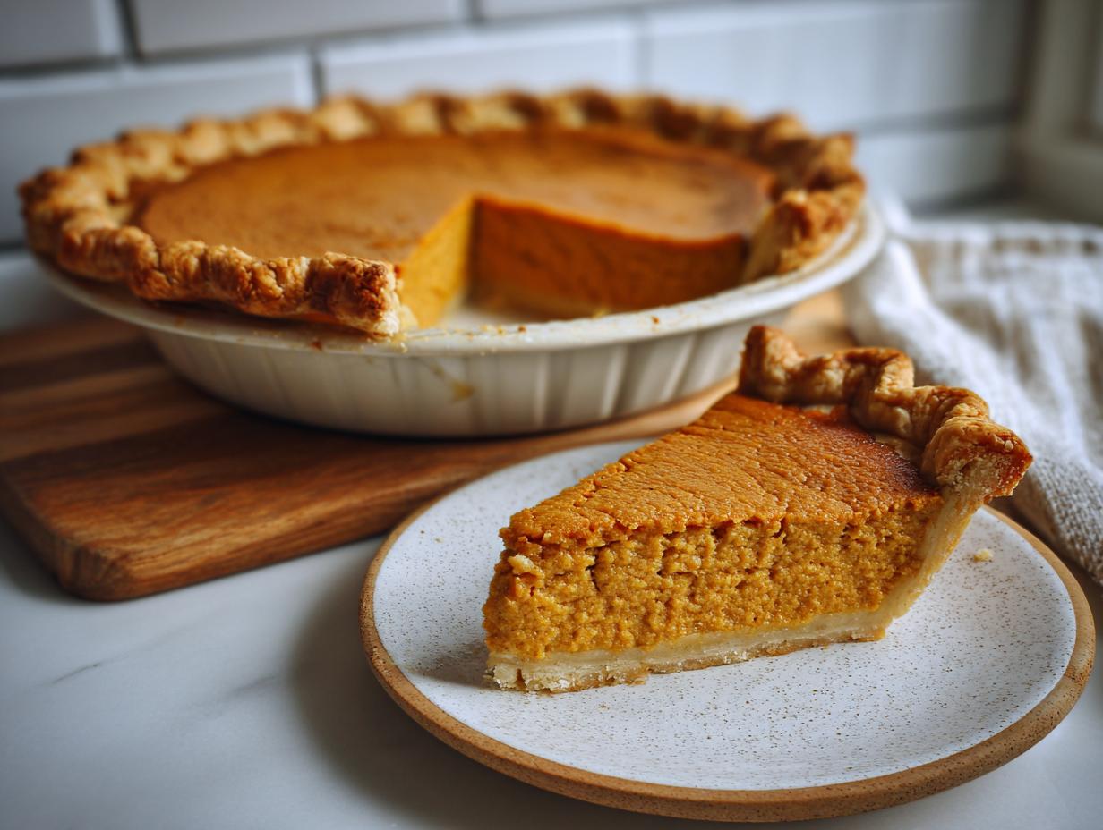 A slice of make-ahead Thanksgiving pumpkin pie on a plate, with the rest of the pie in the background.