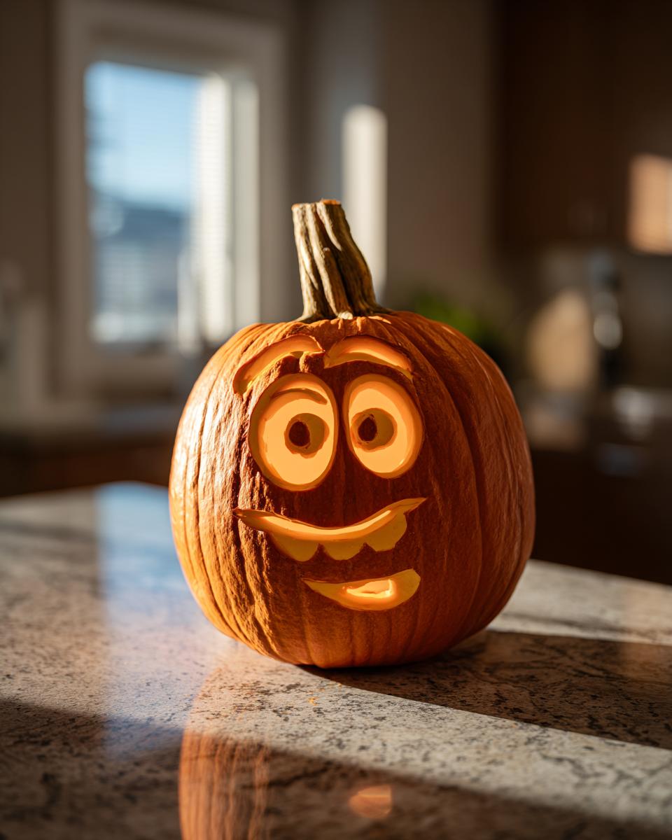 A carved pumpkin with a face resembling Mike Wazowski from Monsters, Inc. lit from within.