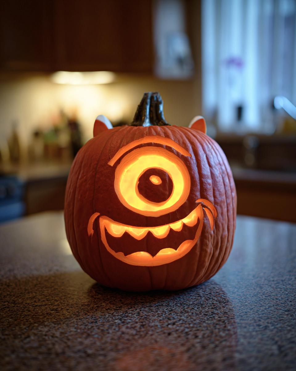 A carved Mike Wazowski pumpkin with a glowing eye and a wide smile, sitting on a countertop.
