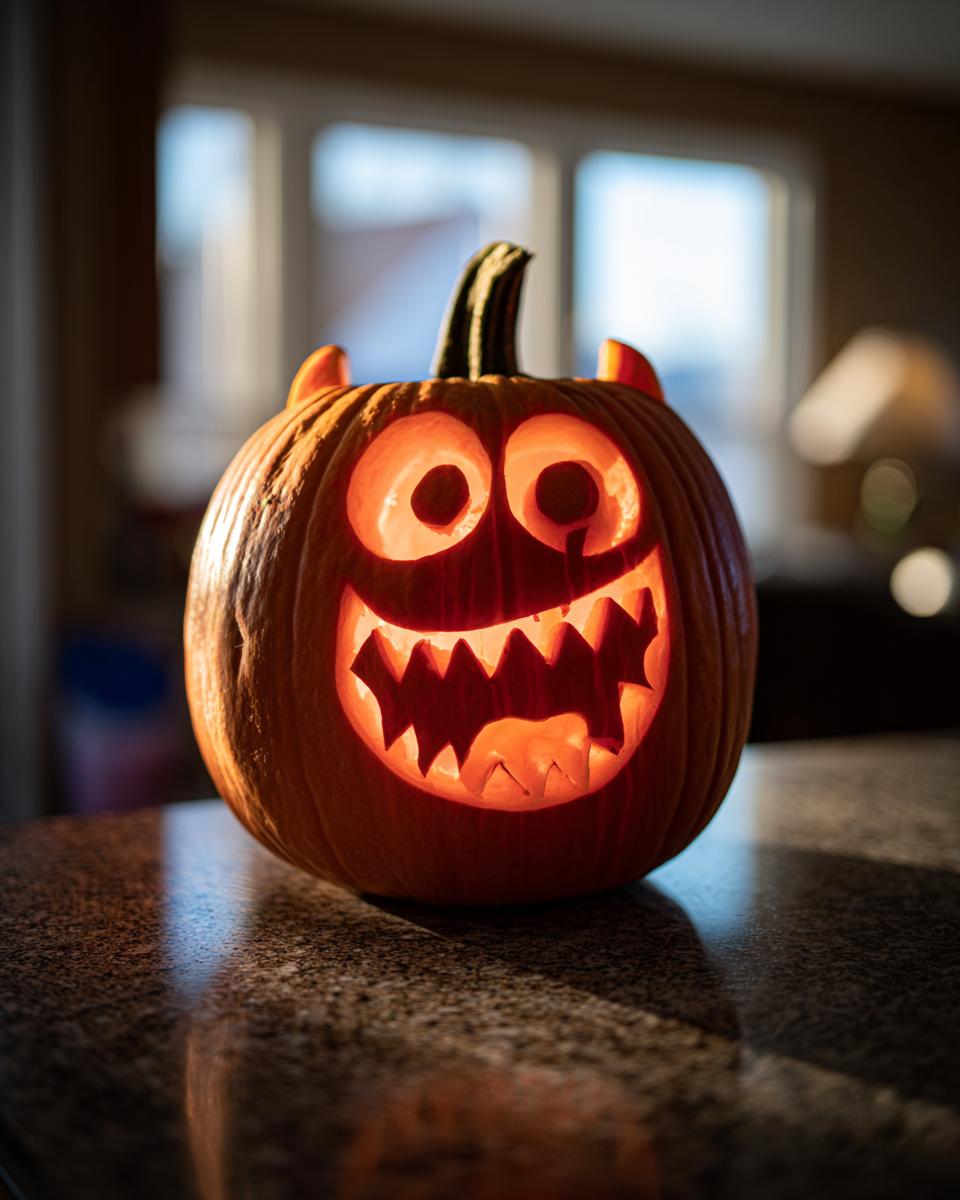 A carved Mike Wazowski pumpkin with glowing eyes and a jagged mouth, sitting on a speckled countertop.
