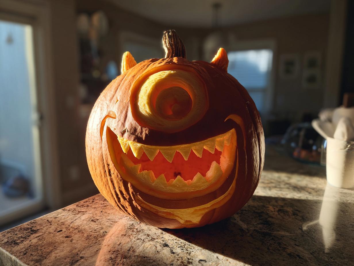 A carved pumpkin designed to look like Mike Wazowski from Monsters, Inc., lit from within.