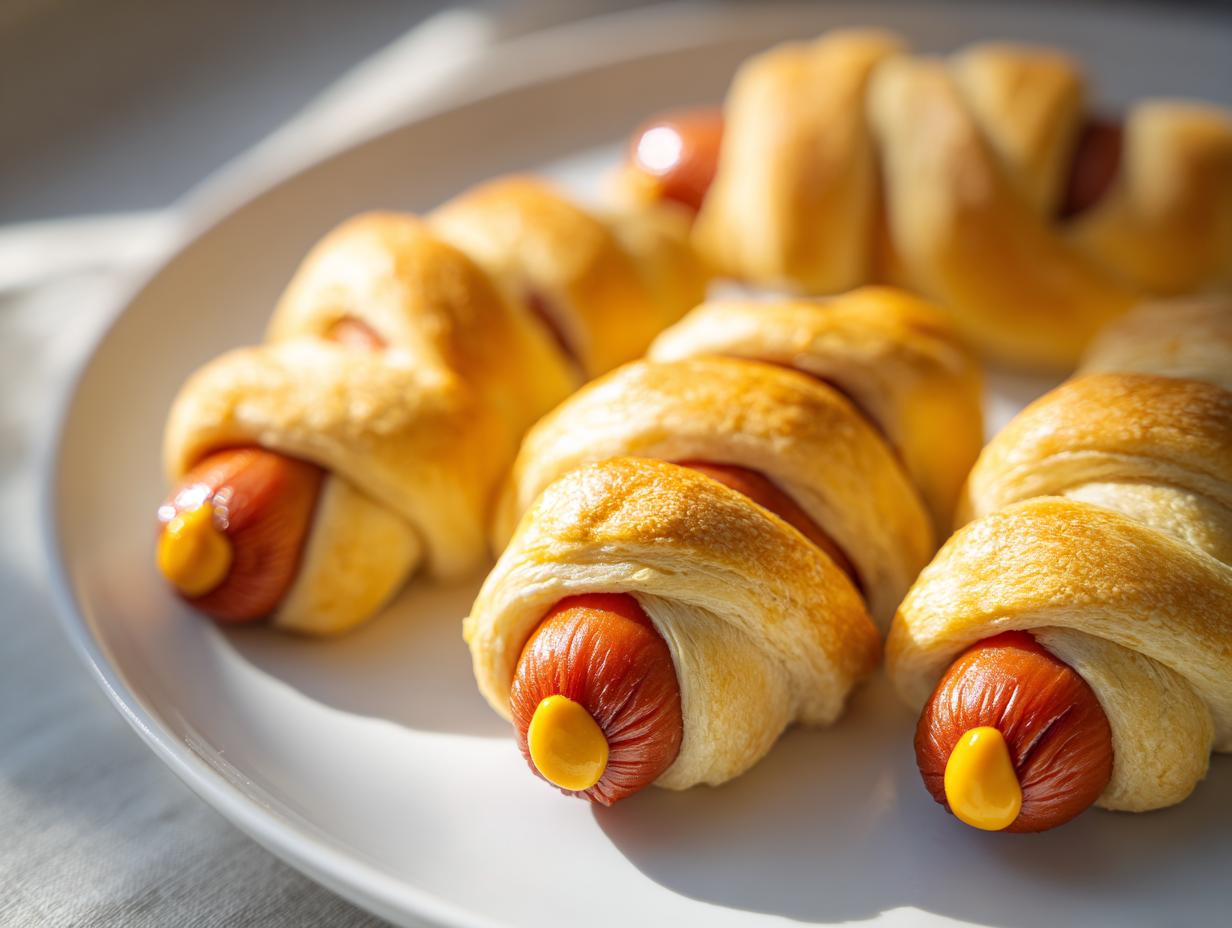 Close-up of golden brown mummy hot dogs wrapped in pastry dough, with a dollop of mustard on each.
