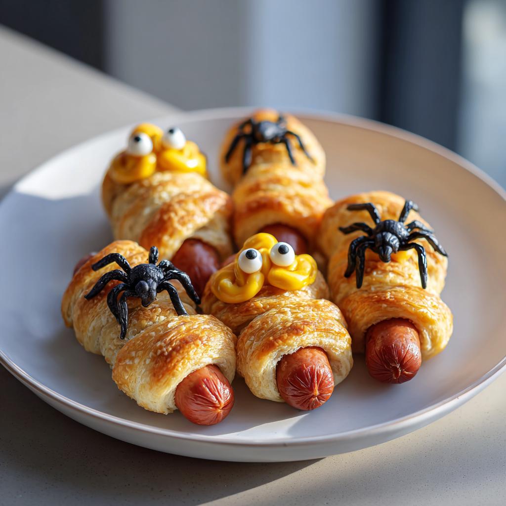 Plate of mummy hot dogs with candy eyes and plastic spiders, perfect for halloween dinner ideas.
