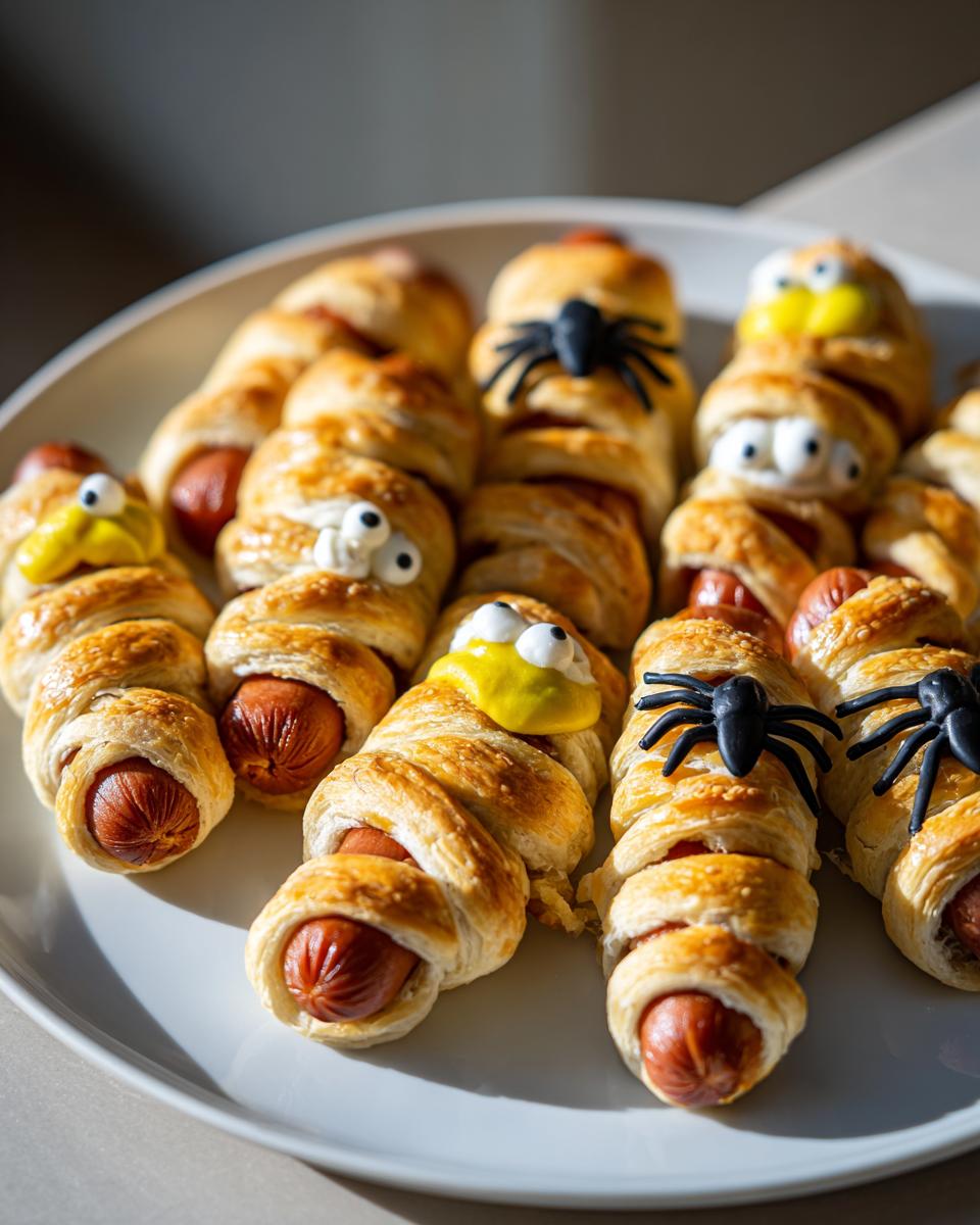 Mummy hot dogs wrapped in pastry with candy eyes and plastic spiders, perfect for Halloween dinner ideas.