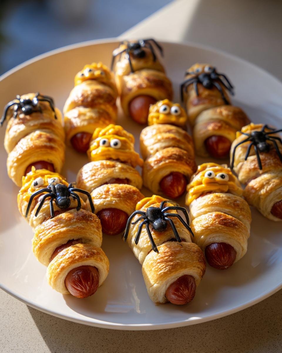 Plate of mummy hot dogs decorated with candy eyes and plastic spiders, perfect for Halloween dinner ideas.