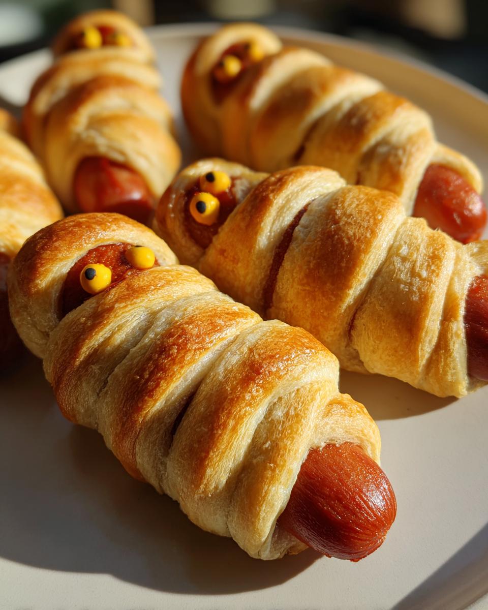 Close-up of golden-brown mummy hot dogs wrapped in pastry dough with candy eyes for Halloween.