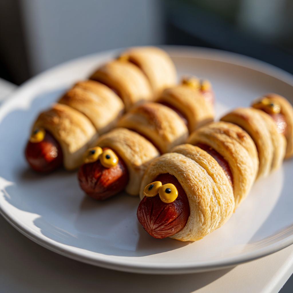 Three mummy hot dogs with yellow candy eyes arranged on a white plate, perfect for Halloween.