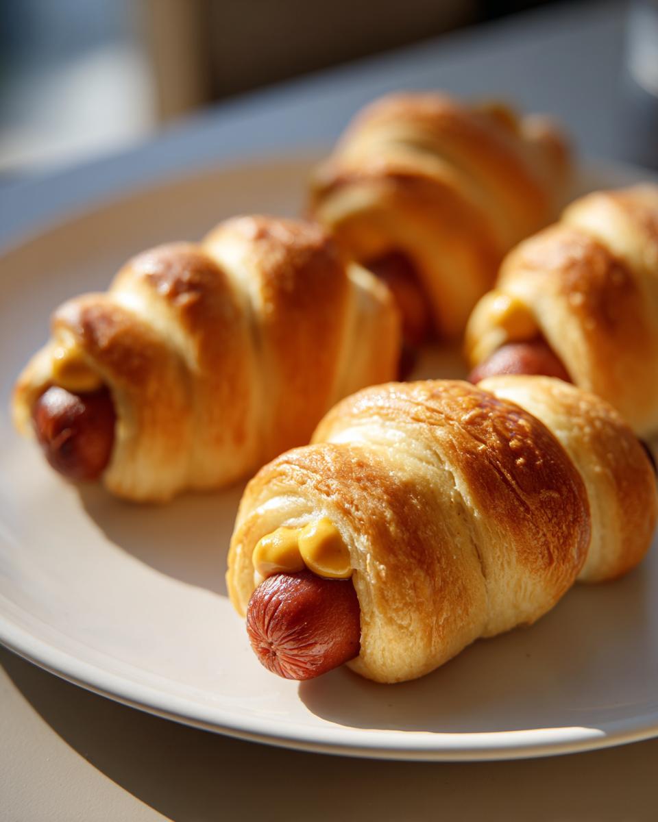 Close-up of delicious mummy hot dogs wrapped in golden pastry, with a dollop of mustard peeking out.