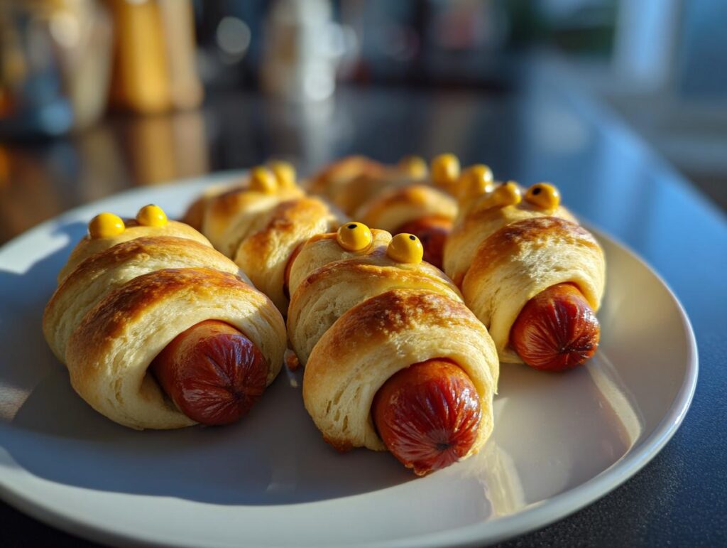 A plate of golden-brown mummy pigs in a blanket with candy eyes, ready for a spooky Halloween treat.