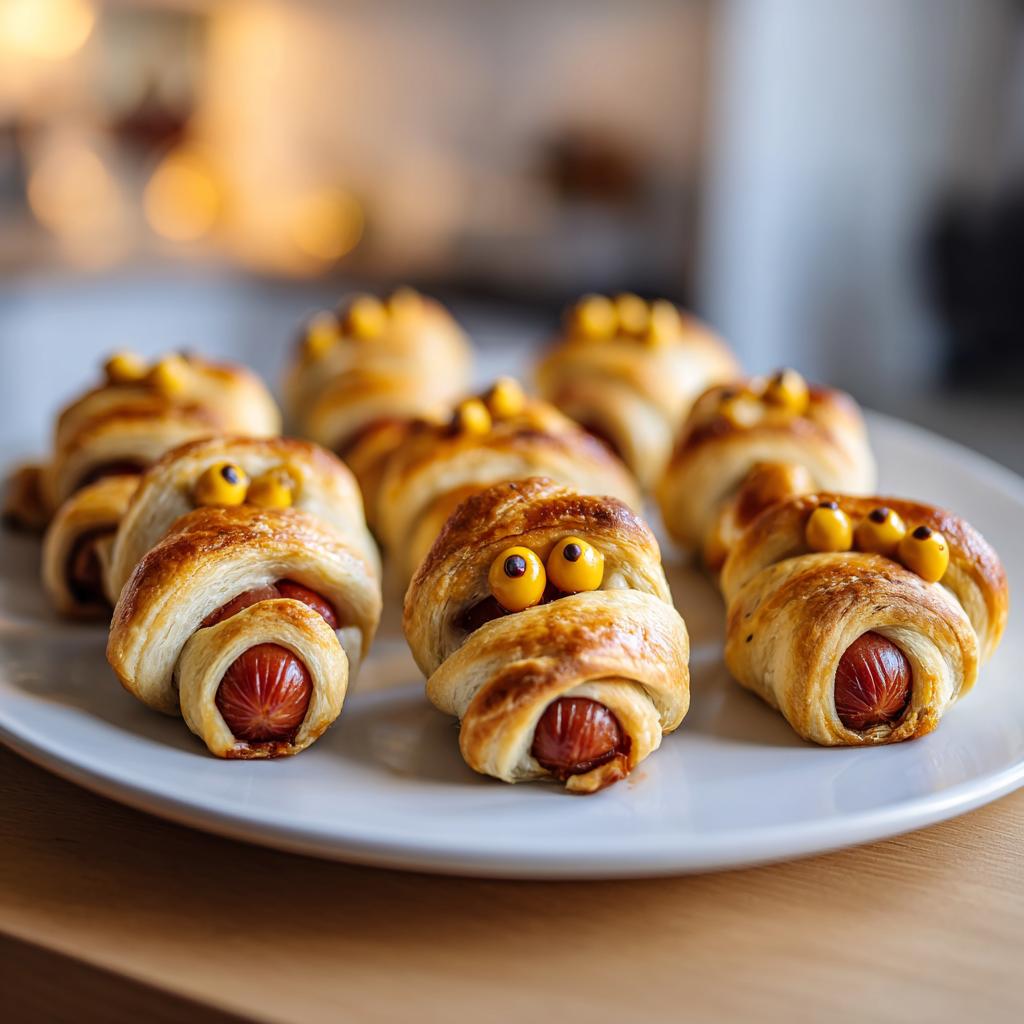A plate of spooky mummy pigs in a blanket with candy eyes and mustard dots, perfect for Halloween.
