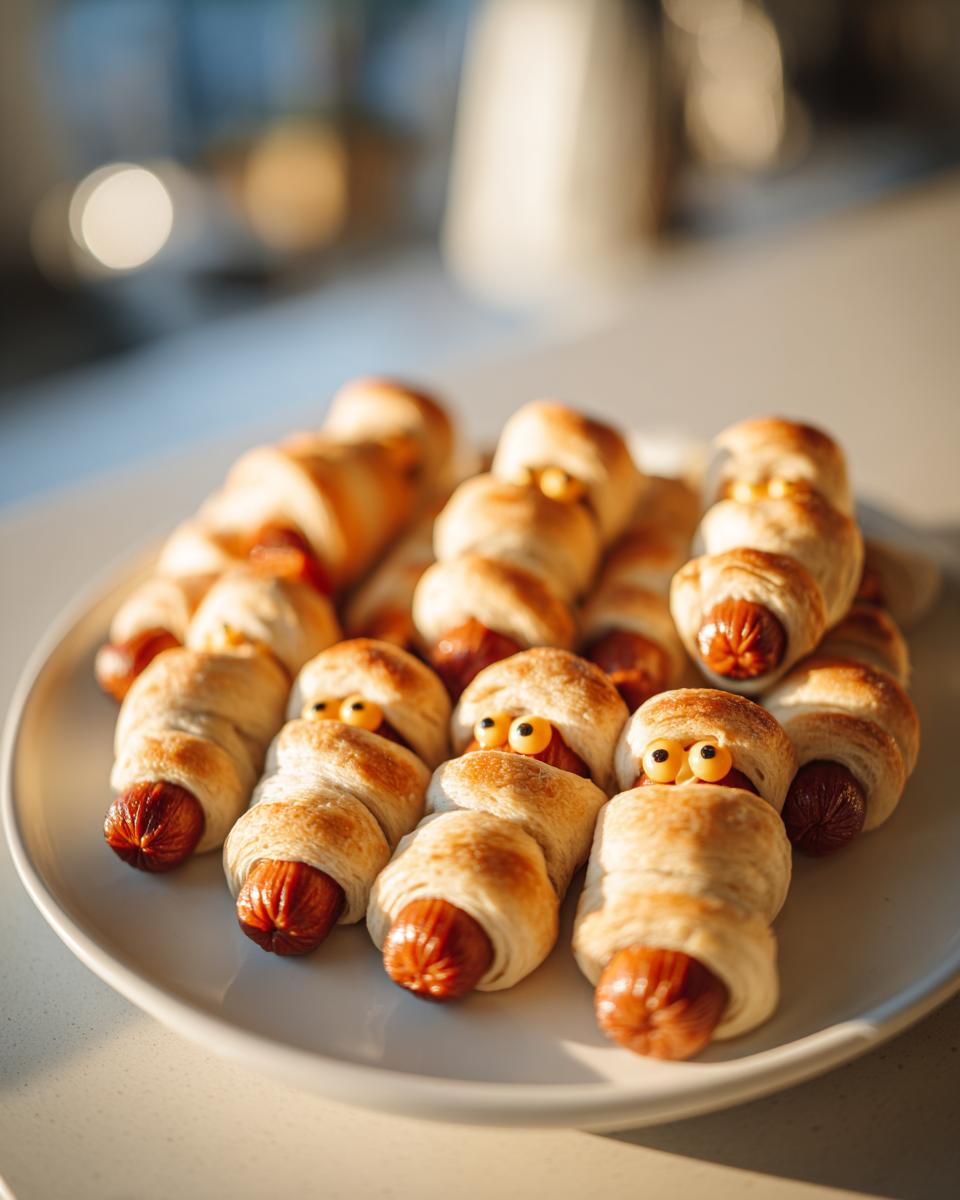 A plate full of spooky mummy pigs in a blanket with candy eyes, perfect for Halloween parties.
