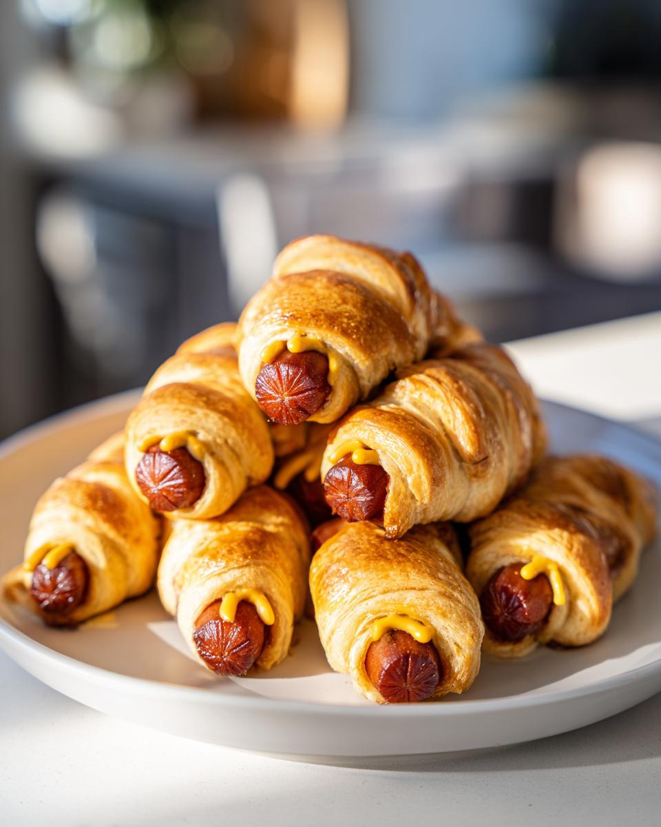 A pile of golden-brown mummy pigs in a blanket on a white plate, with mustard peeking out.