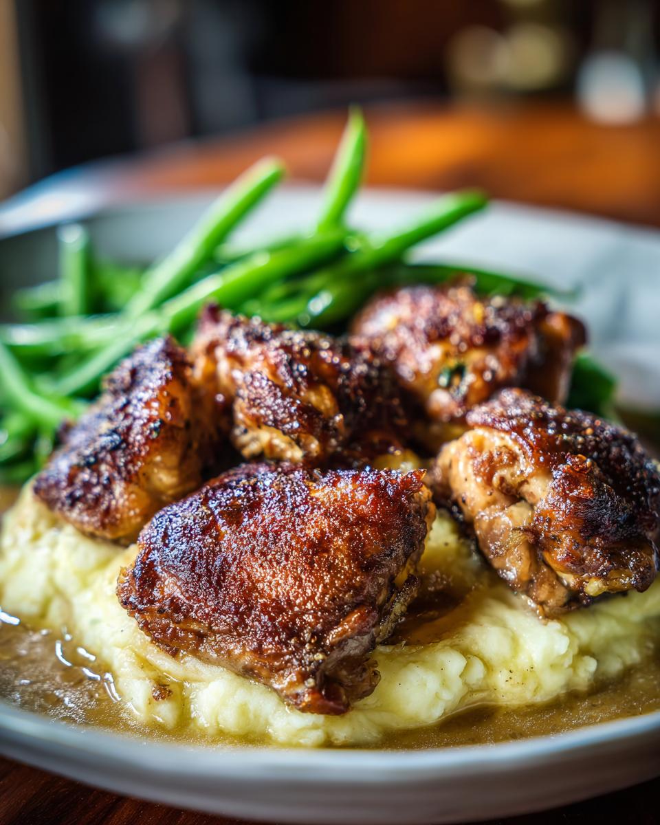 A delicious plate of seared chicken thighs served over creamy mashed potatoes with a side of green beans, perfect for a New Year's Eve dinner.