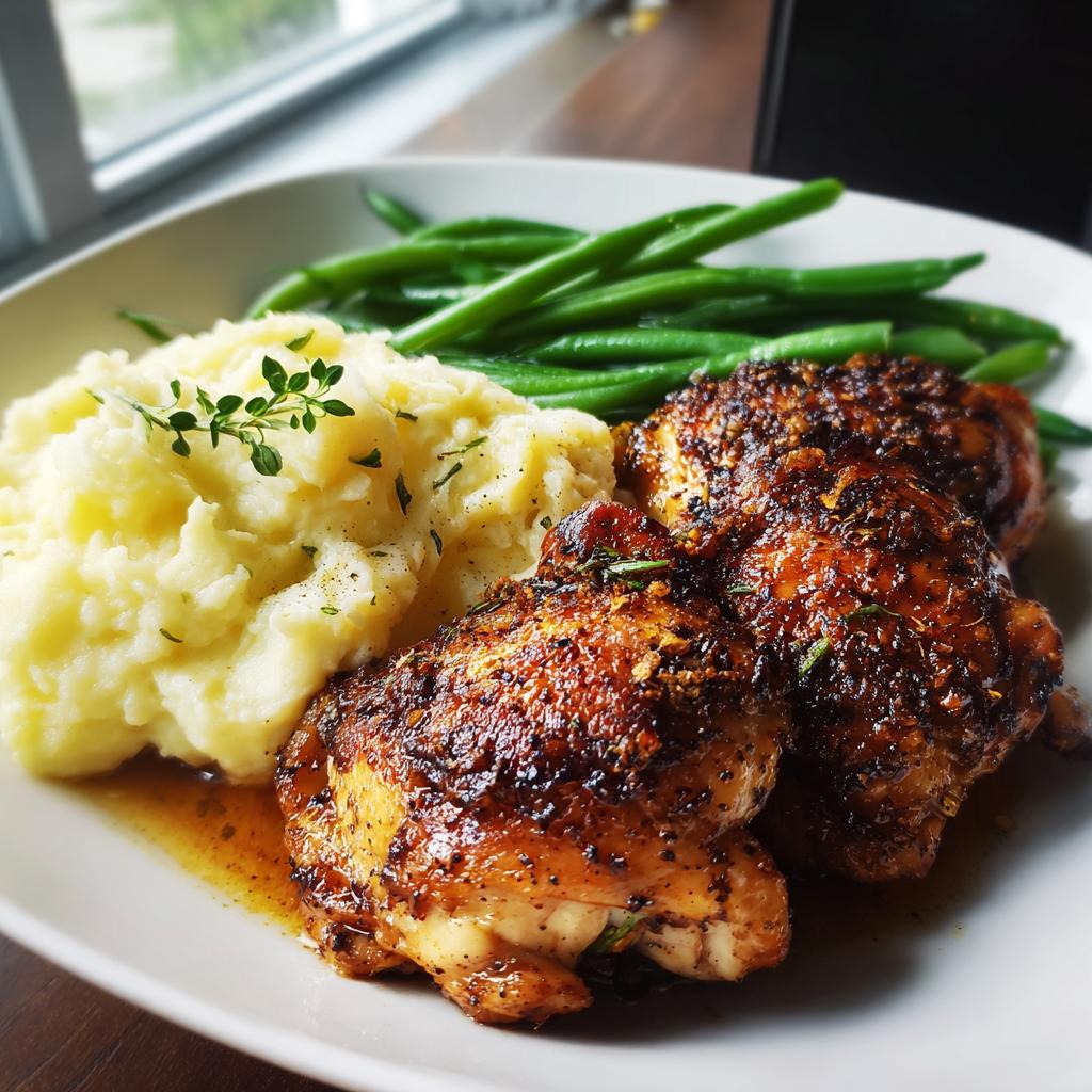 A plate of roasted chicken thighs with mashed potatoes and green beans, perfect for a New Year's Eve dinner.