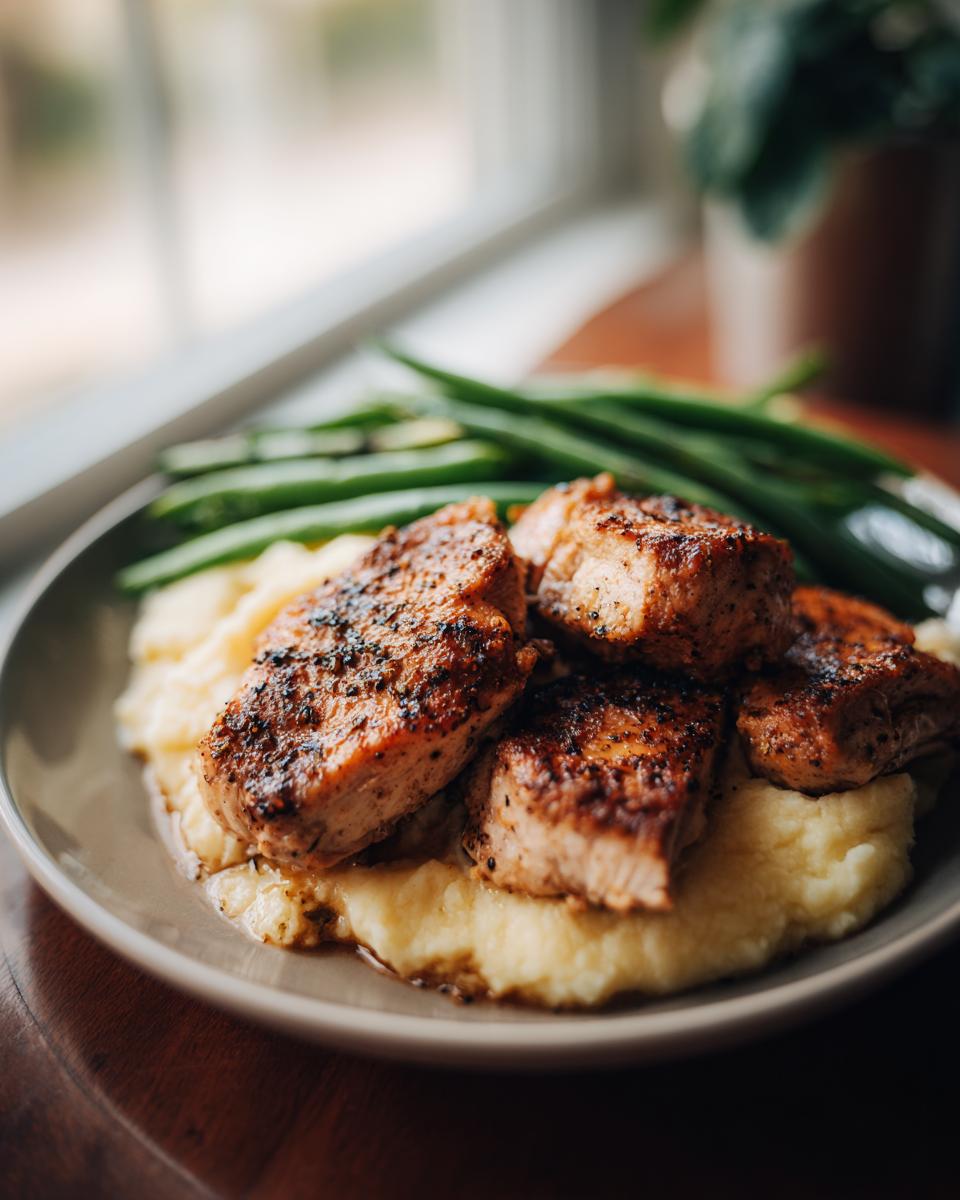 A delicious New Year's Eve dinner featuring pan-seared chicken breast pieces served over creamy mashed potatoes with green beans.