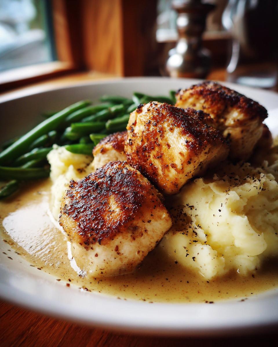 A beautiful plate for a New Year's Eve dinner, featuring pan-seared chicken pieces atop creamy mashed potatoes and green beans.