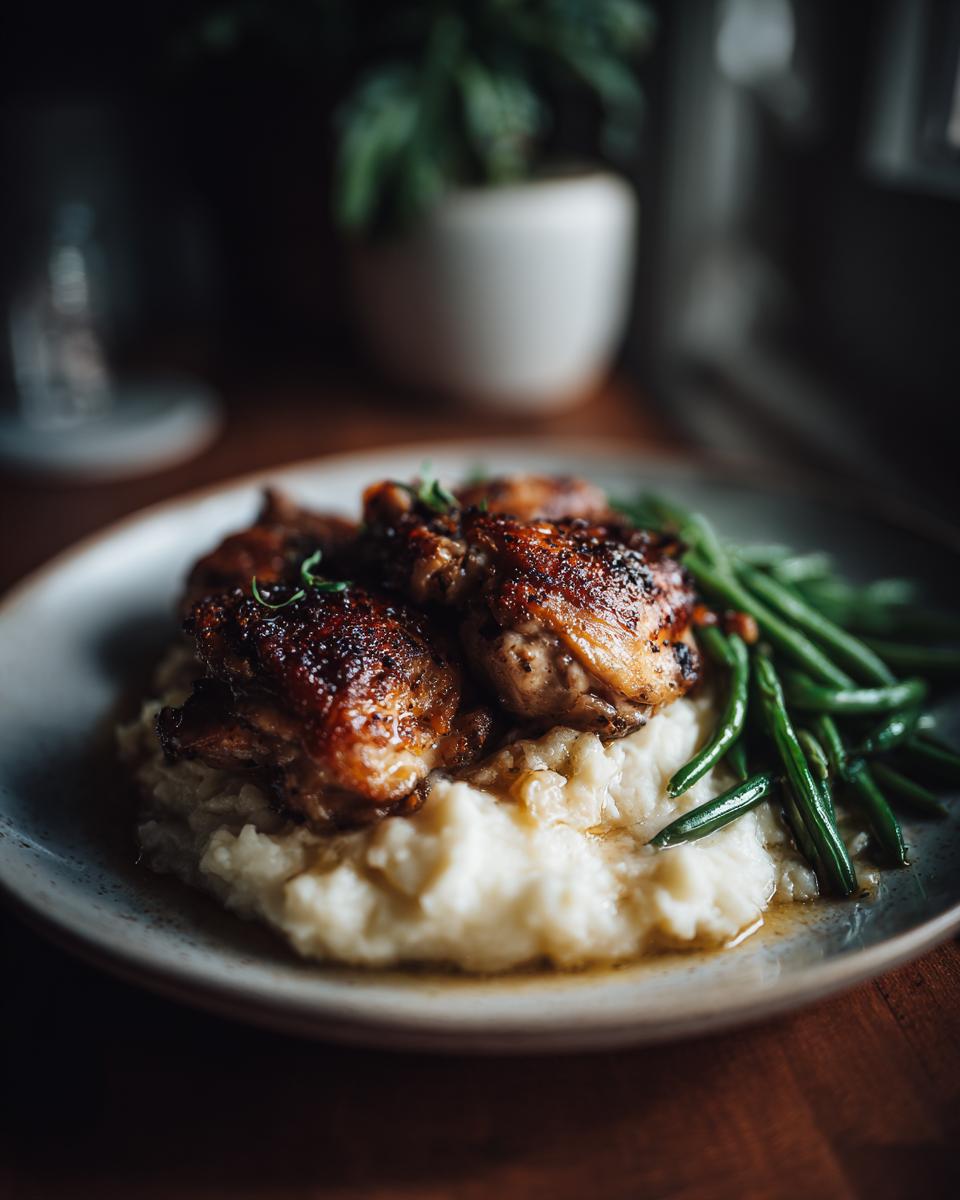 A plate of roasted chicken thighs served over creamy mashed potatoes with a side of green beans, perfect for a New Year's Eve dinner.