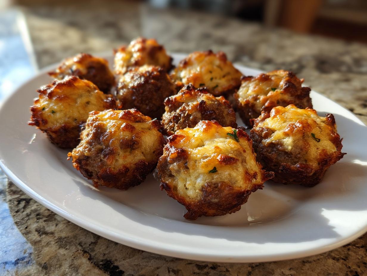 A plate of golden-brown, cheesy meatball bites, perfect for New Years Eve food ideas.