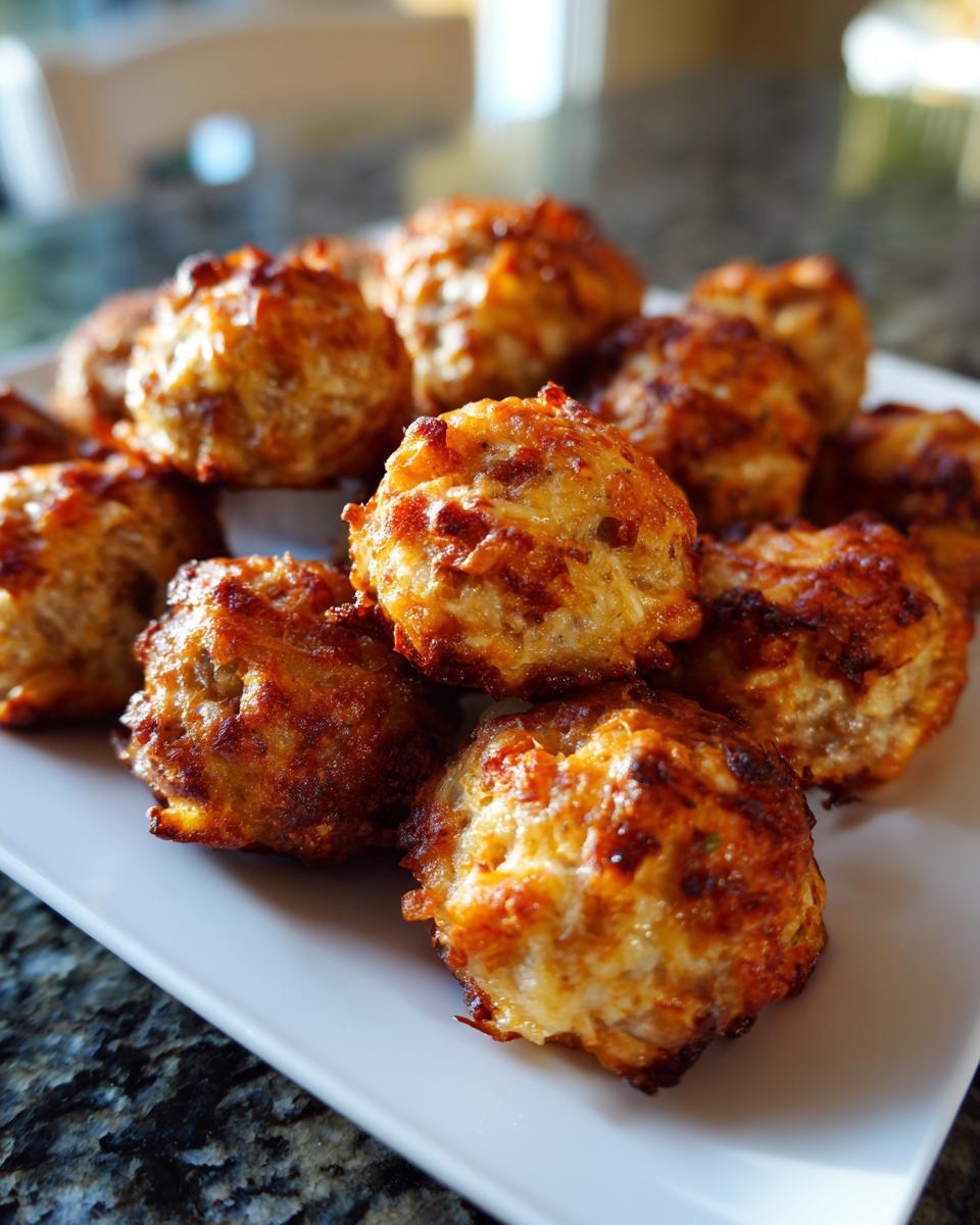 Close-up of golden-brown, savory meatballs, perfect for New Years Eve food ideas.