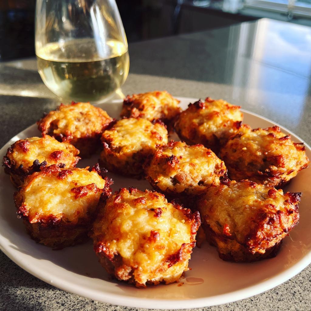 A plate of golden-brown savory bites, perfect for new years eve food ideas, with a glass of white wine in the background.