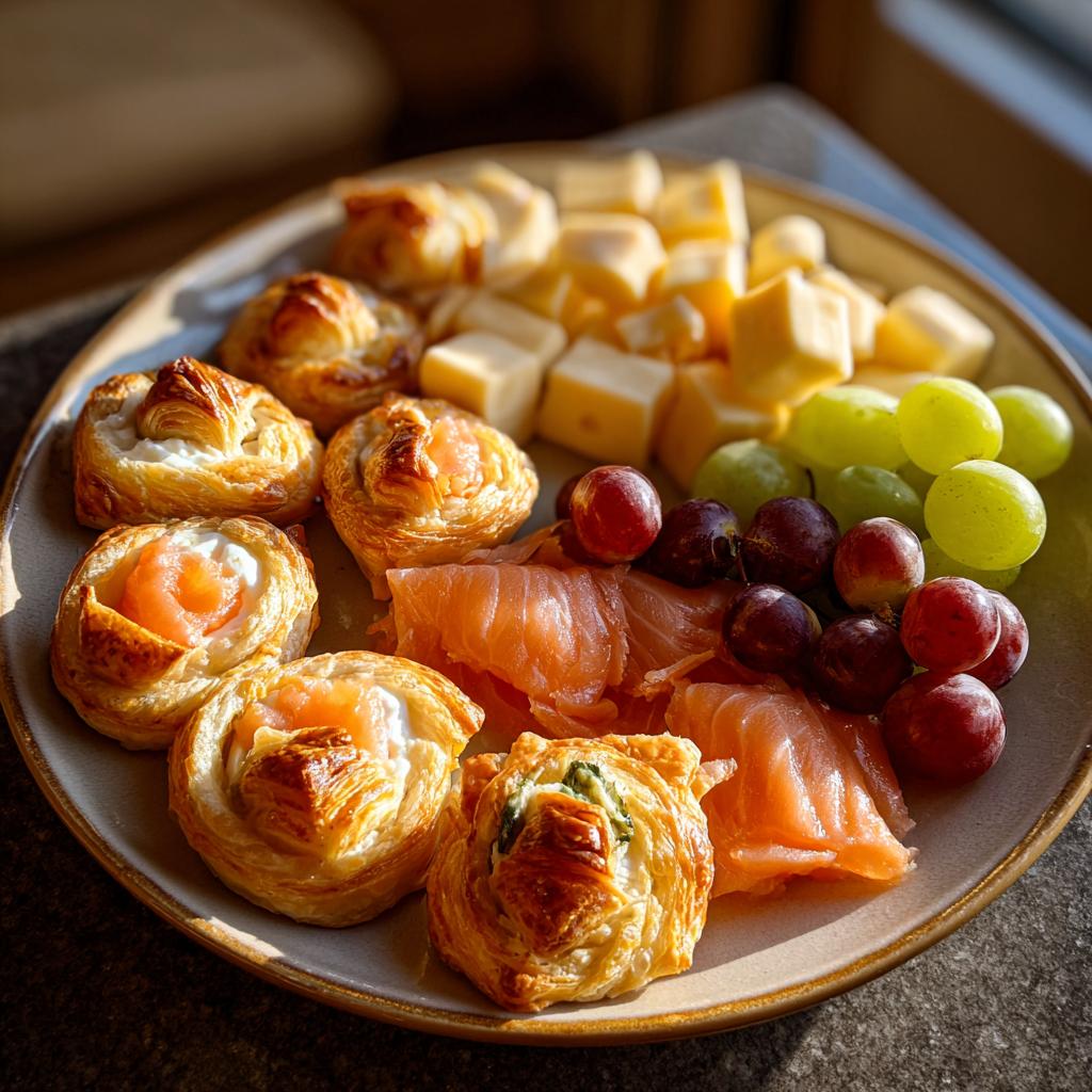 A New Year's Eve food platter featuring smoked salmon pastries, cheese cubes, and grapes.