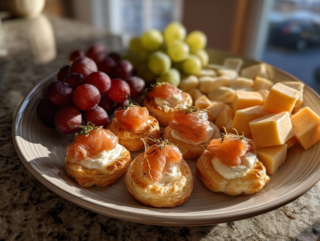A platter of easy New Year's Eve food featuring smoked salmon bites, cheese cubes, and grapes.