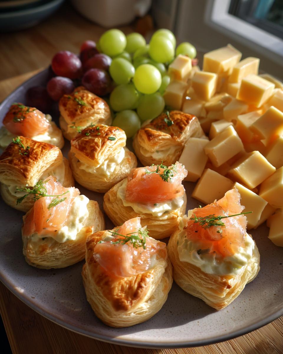 A platter of new year's eve food featuring smoked salmon puffs, grapes, and cheese cubes.