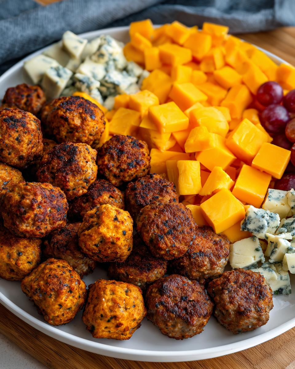 A platter of new year's eve snacks featuring meatballs, cubed cheddar cheese, blue cheese, and grapes.