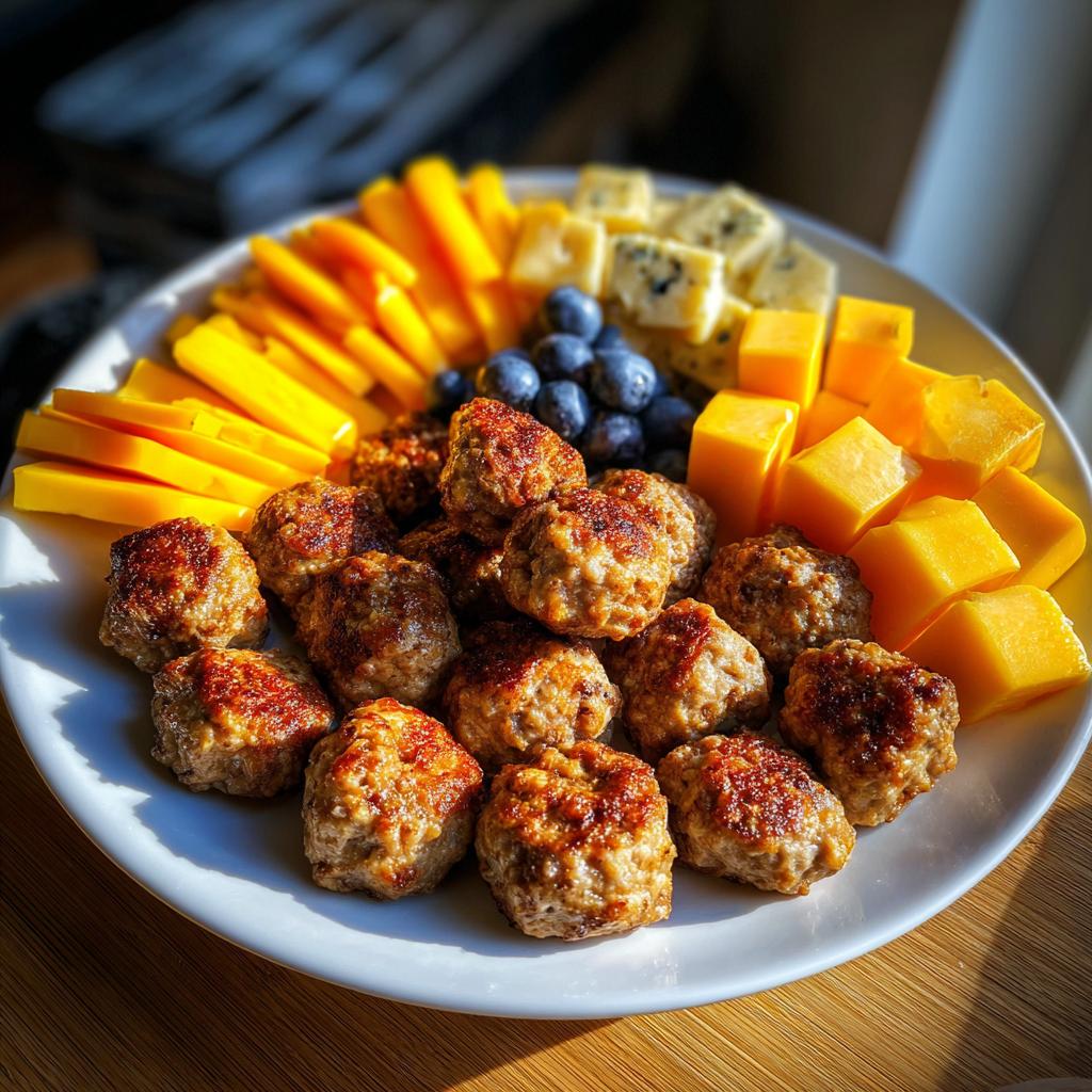 A platter of savory meatballs, cheese cubes, and blueberries, perfect for New Year's Eve snacks.