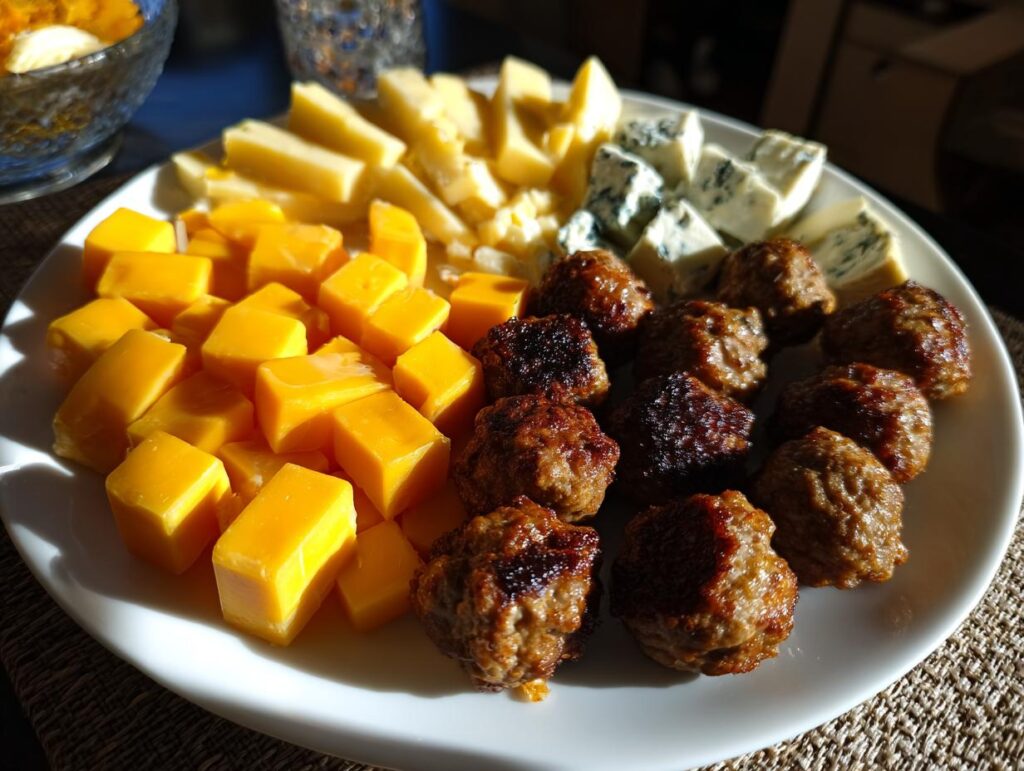 A white platter filled with new year's eve snacks: cubed cheddar cheese, blue cheese wedges, and browned meatballs.