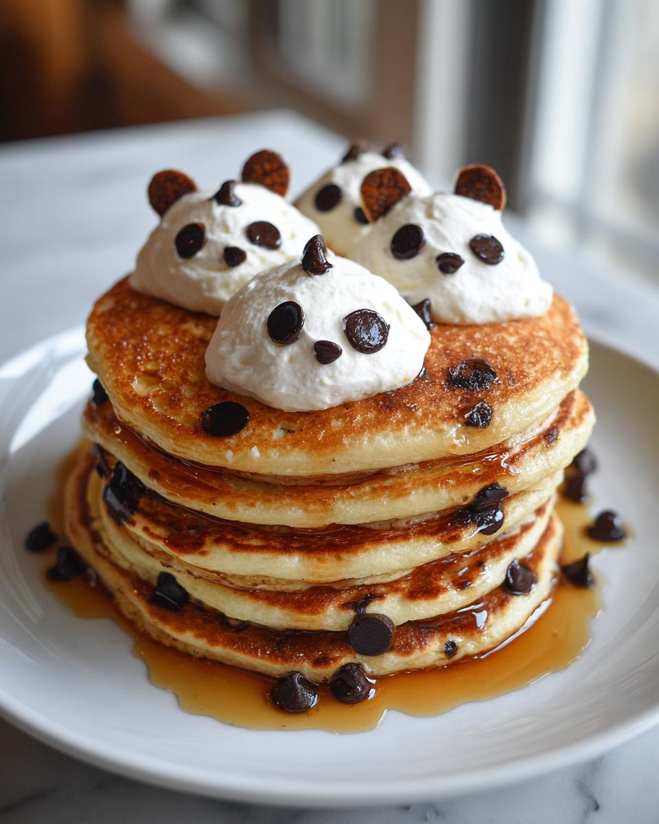 Stack of chocolate chip pancakes topped with whipped cream decorated as panda faces, perfect for Halloween breakfast ideas for kids.