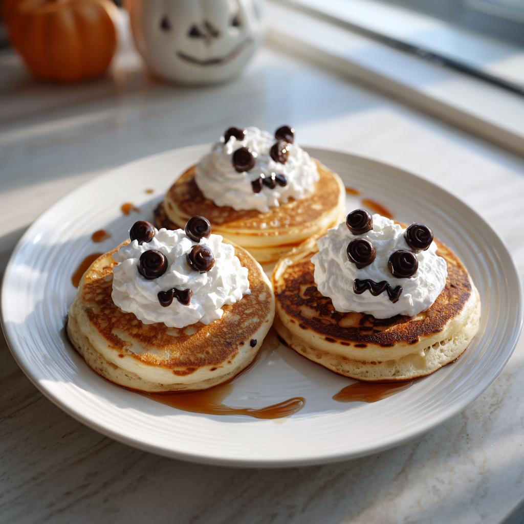 Three cute panda-themed pancakes topped with whipped cream and chocolate chips, part of Halloween Breakfast Ideas for Kids.