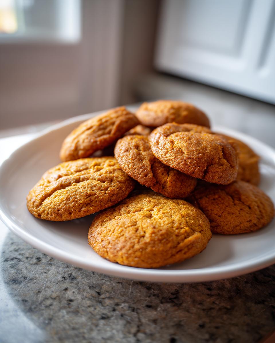 A white plate piled high with golden-brown pumpkin cookies, perfect for fun Thanksgiving desserts.