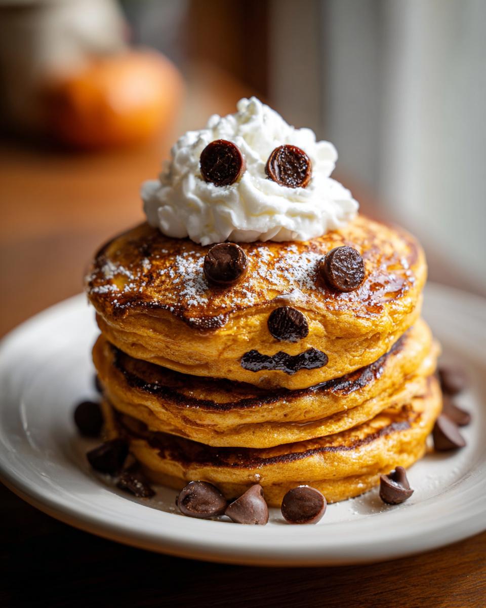 Stack of pumpkin pancakes decorated like a jack-o'-lantern with whipped cream and chocolate chips for cozy Halloween breakfast ideas.