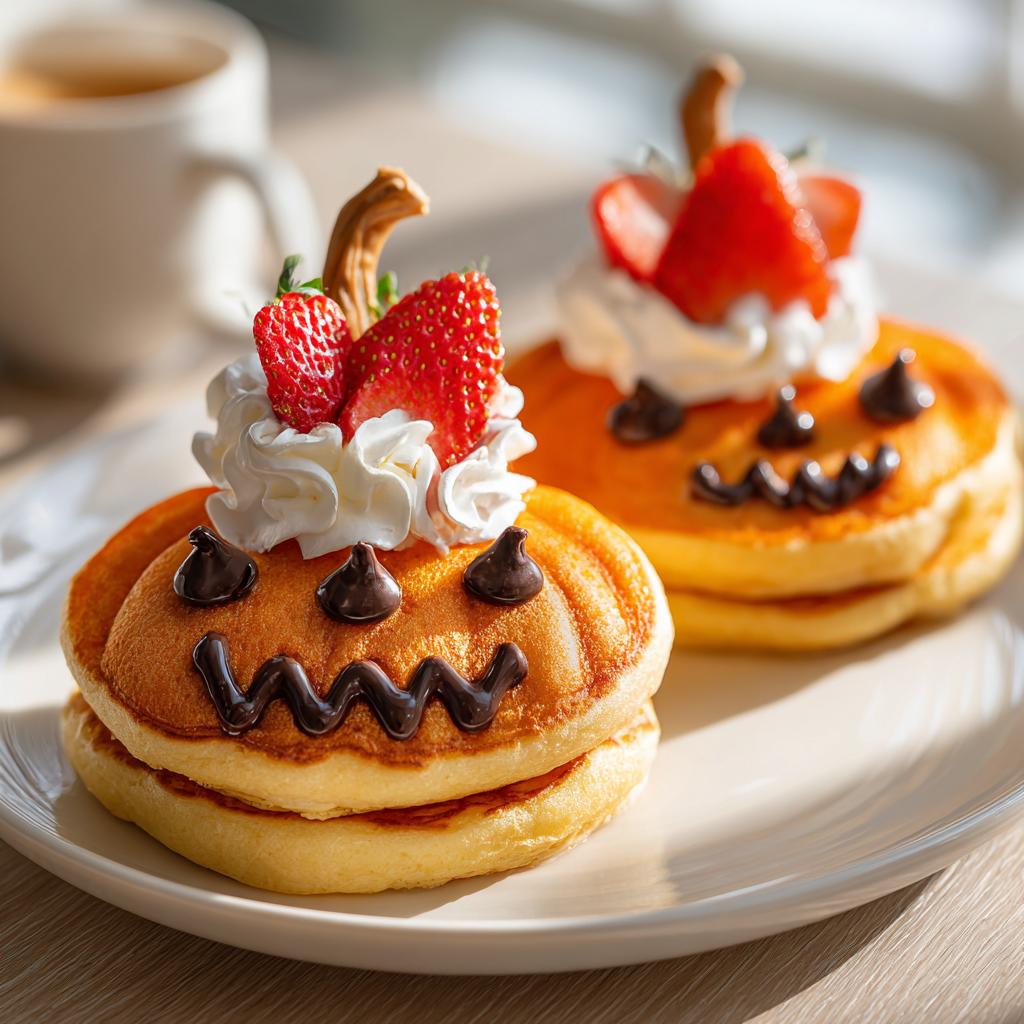 Two stacks of pumpkin-shaped pancakes decorated as jack-o'-lanterns with whipped cream and strawberries, perfect for Halloween breakfast ideas for kids.