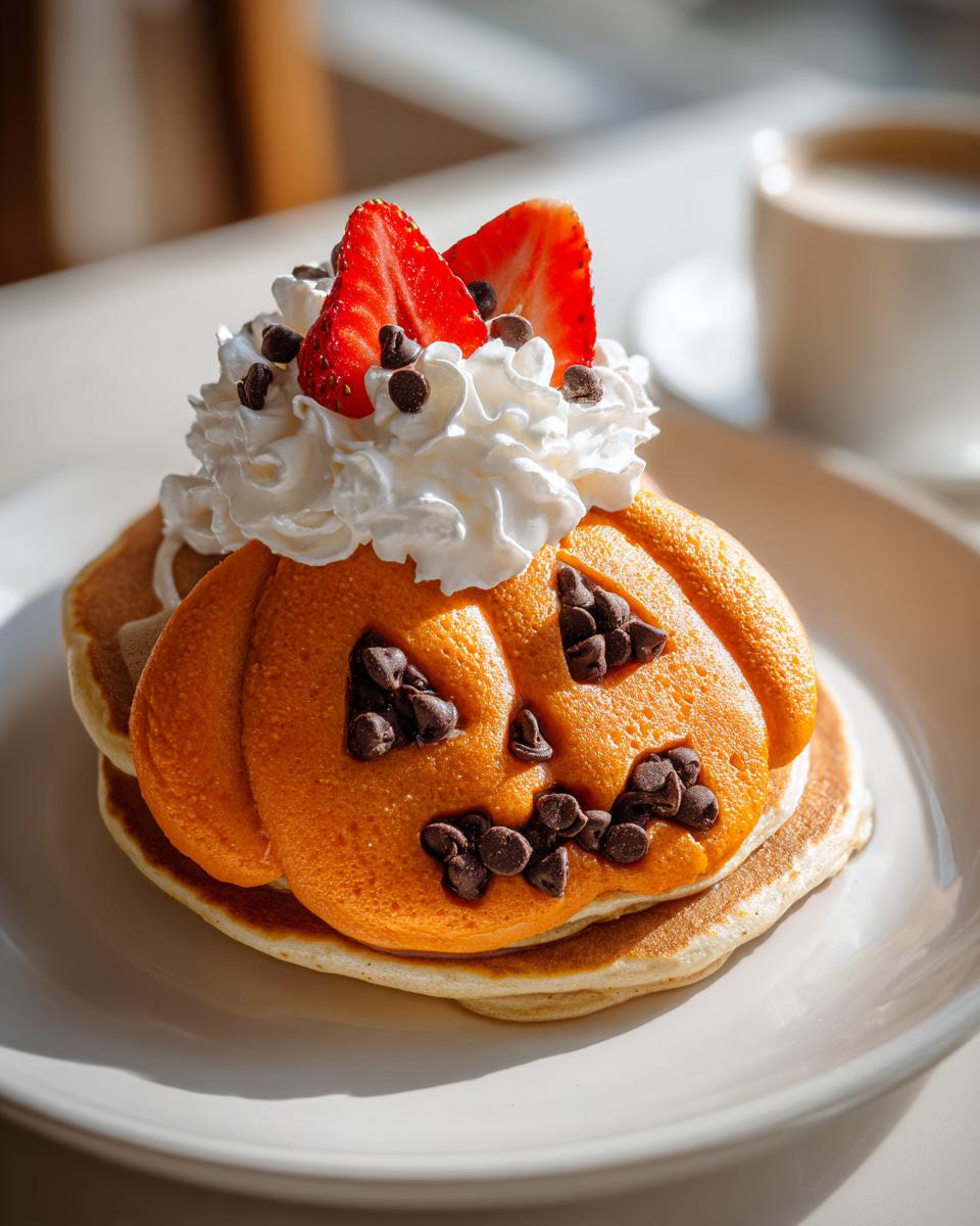 Stack of pancakes decorated as a pumpkin face with chocolate chips and whipped cream, a fun Halloween breakfast idea for kids.